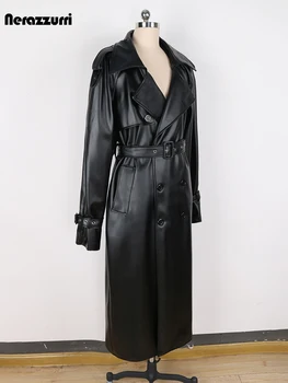 Nerazzurri Spring Autumn Long Oversized Windproof Waterproof Black Pu Leather Trench Coat Men Belt Double Breasted Overcoat 2024 2