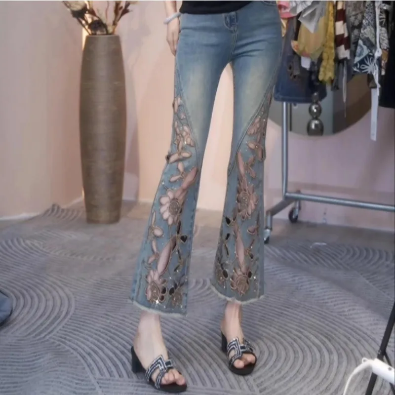 Summer 2026 New Fashion Hollowed-out Embroidered Brick Jeans for Women, High-waisted, Form-fitting 9-inch Slightly Flared Pants