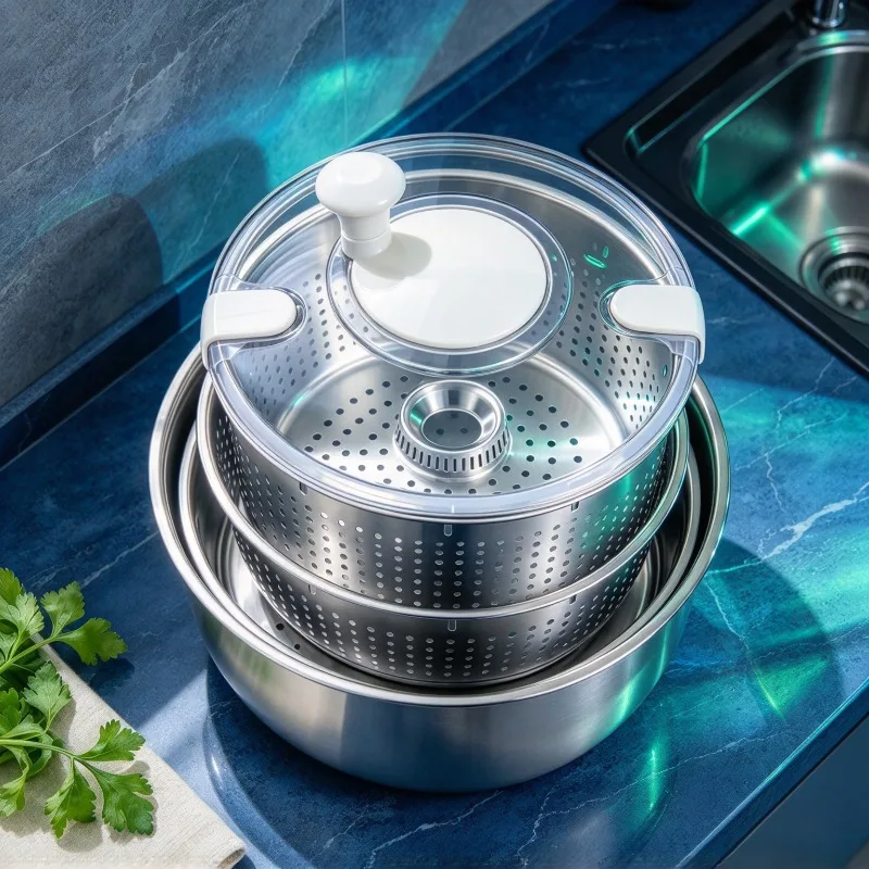 Stainless Steel Salad Spinner, Household Vegetable Dehydrator and Draining Basket