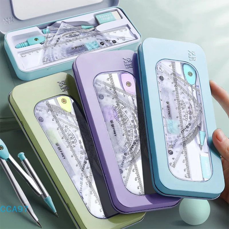 【A】7 Uds. Transportador de regla triangular, Kit de caja de regla específica para examen de estudiante de goma, juegos de brújula y regla, suministros escolares