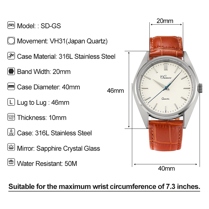 Chameri Dress Watch Homage VH31 Quartz Sapphire Crystal 316L Stainless Steel Waterproof 40mm Men's Quartz Wristwatch
