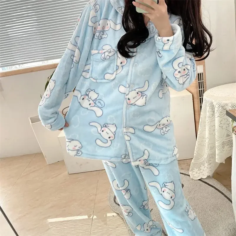 Sanrio Blue Cinnamoroll Coral Velvet Pajamas Kawaii Soft Girl Pajama Sets Autumn Winter Flannel Home Garments Pajamas for Women