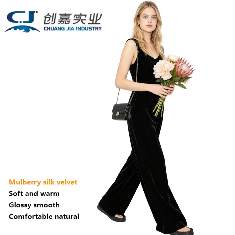 

100% Silk and Velvet Ladies' One-piece Pants, Elegant Fashionable Street Style Sleeveless Overalls for Outdoor Casual Wear