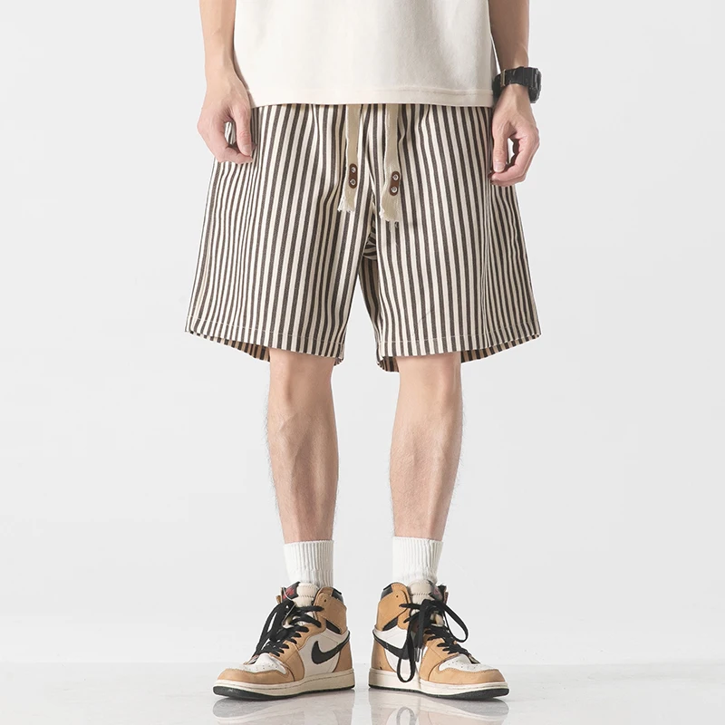 Fashion Elastic Lace Up Straight Casual Striped Shorts Men's Clothing 2024 Summer New Loose High Waist Korean Knee Shorts