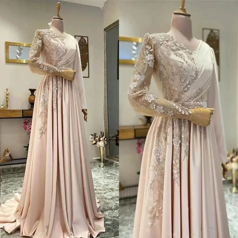 Muslim Pink Applique Prom Dresses Women\'s Elegant A-Line Floor Length Evening Dress Bridal Wedding Gowns Formal Occasion Robe