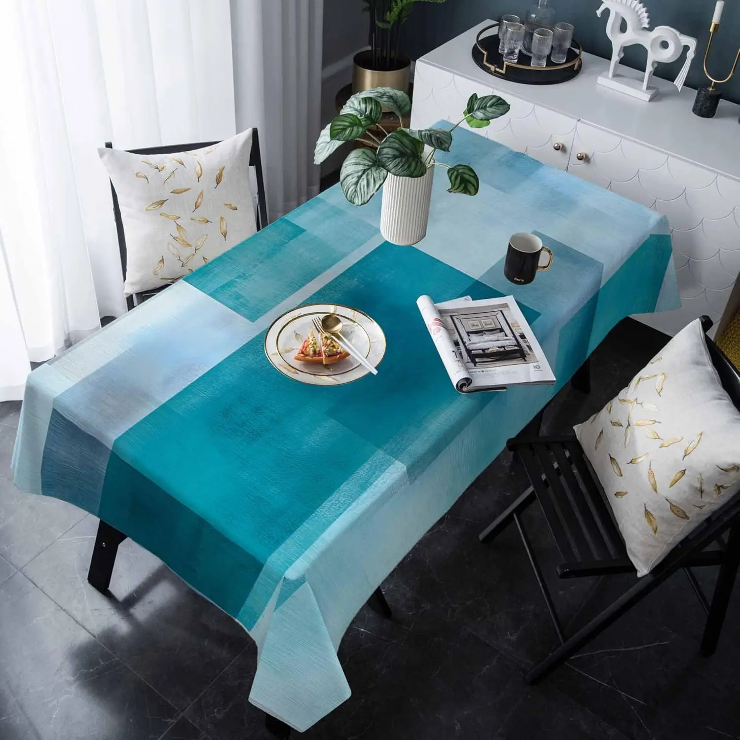 Türkise rechteckige Tischdecke, Urlaub, Party-Dekoration, moderne abstrakte geometrische Farbblöcke, Tischdecke, Küche, Esstisch-Dekoration