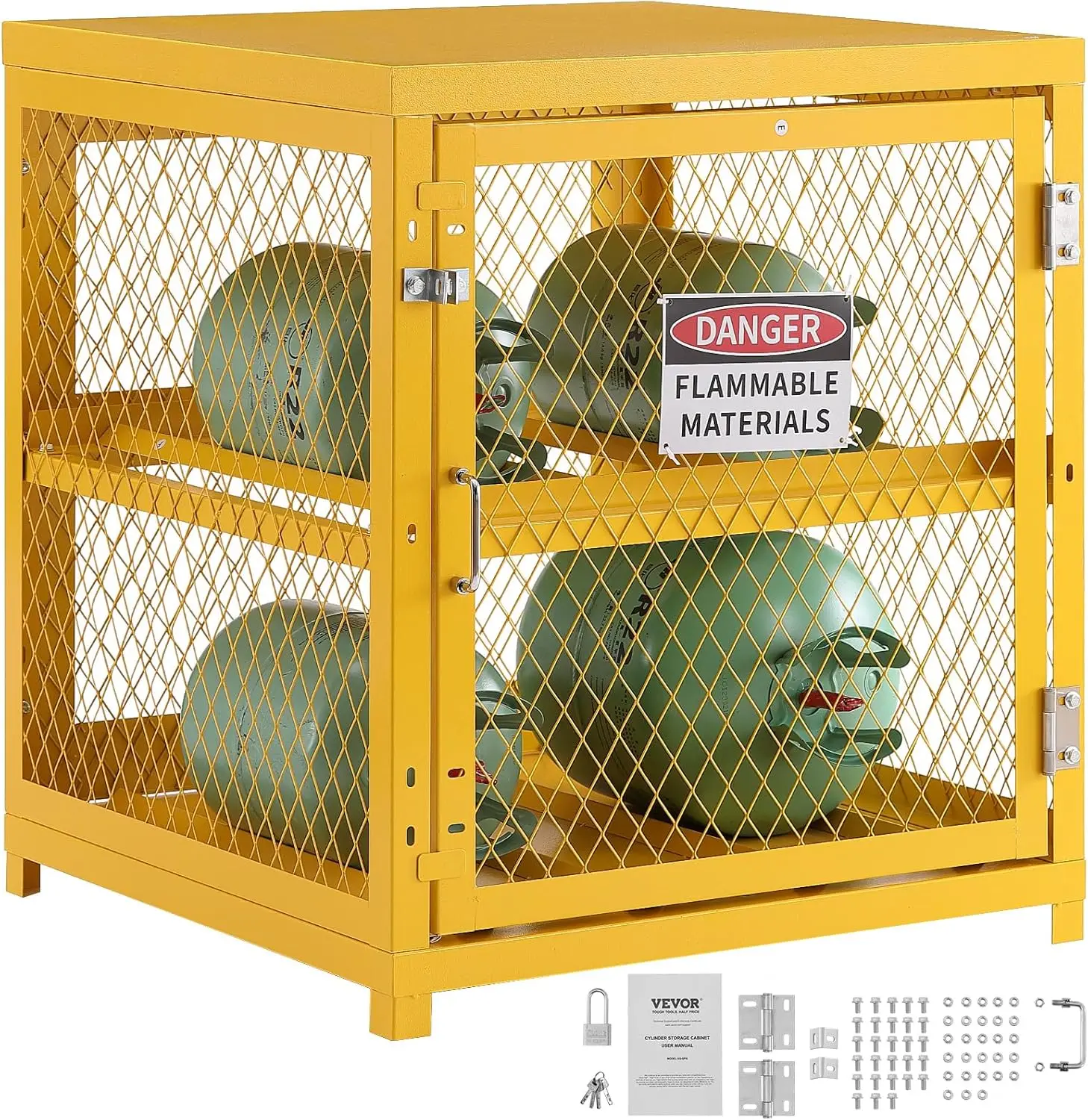 Horizontal Cylinder Storage Cabinet, 4 Cylinder Capacity, 31x30x35 inch Propane Storage Cage, Gas Cylinder Cabinet with Yellow P