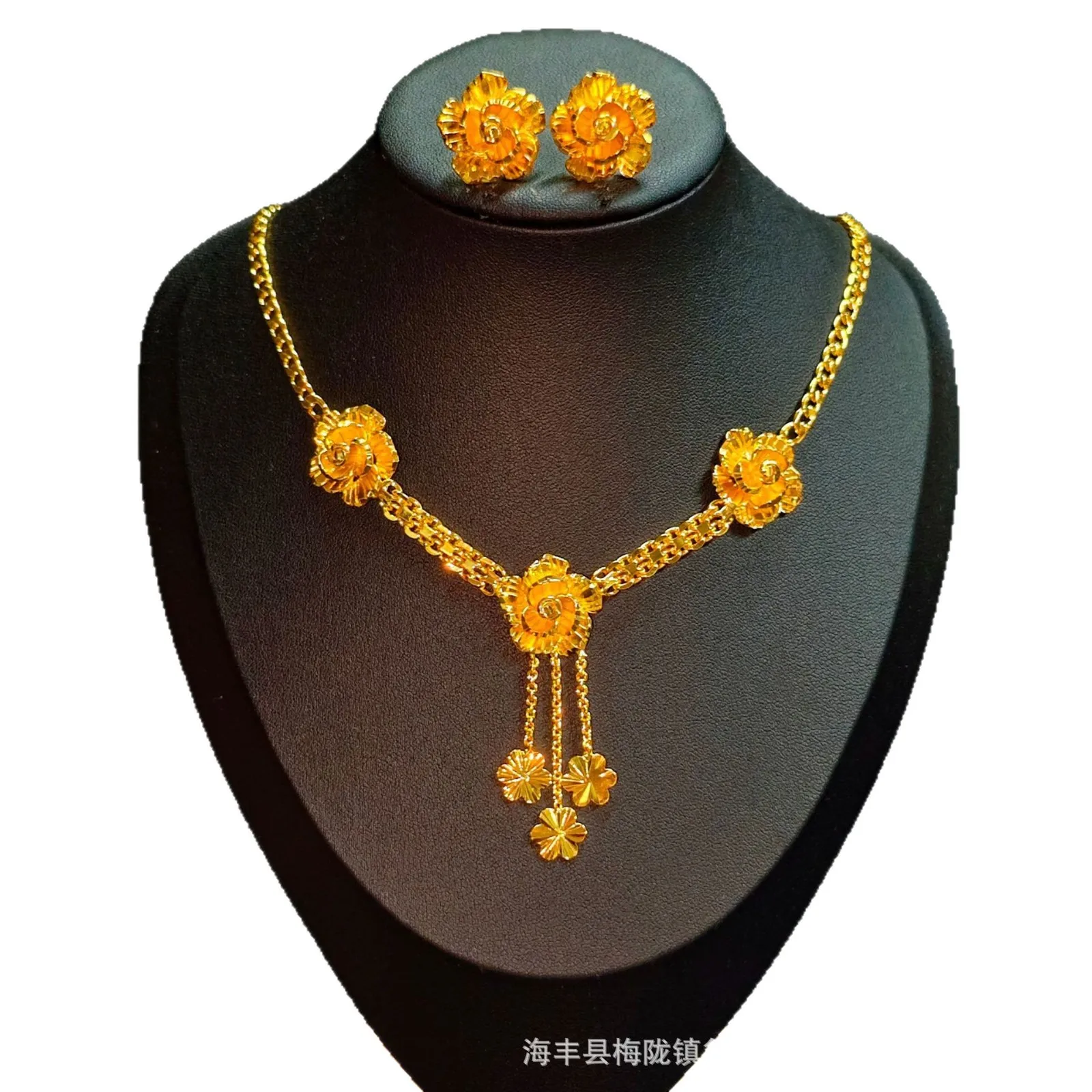 Luxury 24K 9999 Pure Gold real gold Rose Flower Tassel Necklace Women's Flower Earrings - view 5