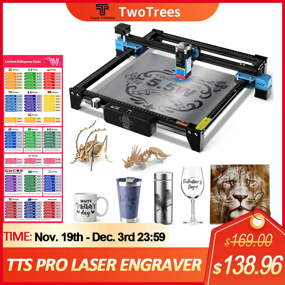 TwoTrees TTS-10 TTS-55 Laser Engraver 15W/40W/80W Laser Engraving Cutting Woodworking Machine for Wood Plastic Stainless steel