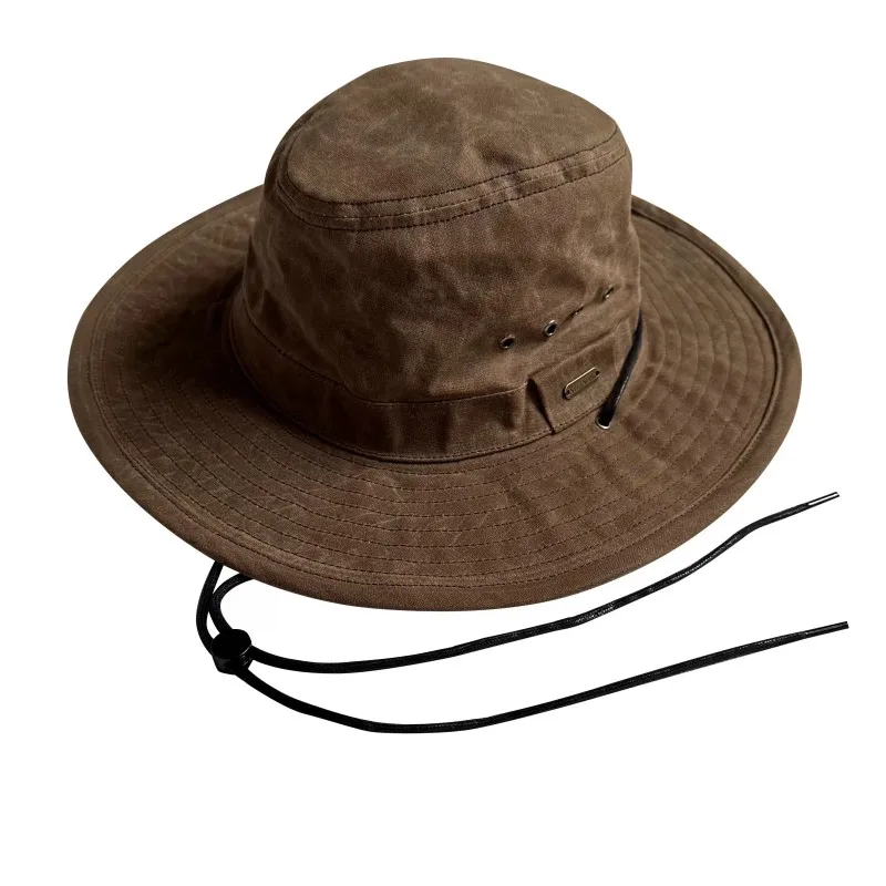 Men's Retro Fisherman Hat Classic Oil-Based Wax Waterproof Wide-Brim Sun Protection Foldable Western Cowboy Outdoor Climbing Hat