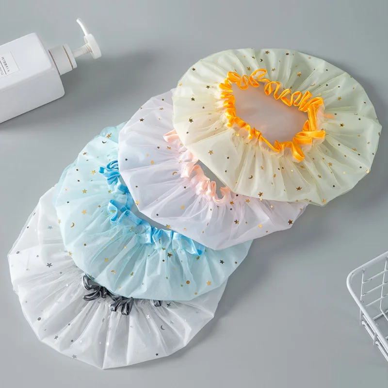 

3pcs Double shower cap, waterproof hair cap, bronzing printed polyester cotton shower cap, bath women