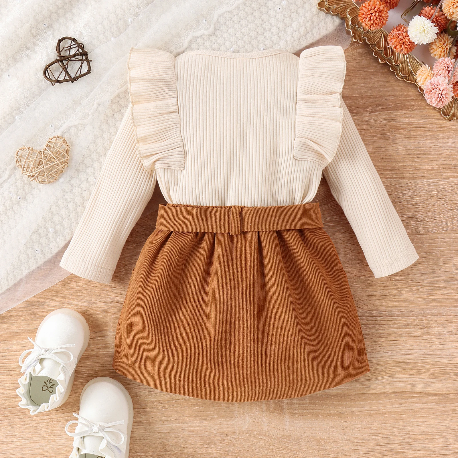 3PCS Autumn New Style 1-4 Year Old Girl Baby Trend Fashionable Round Collar Solid Color Flying Sleeve Top + Corduroy Skirt