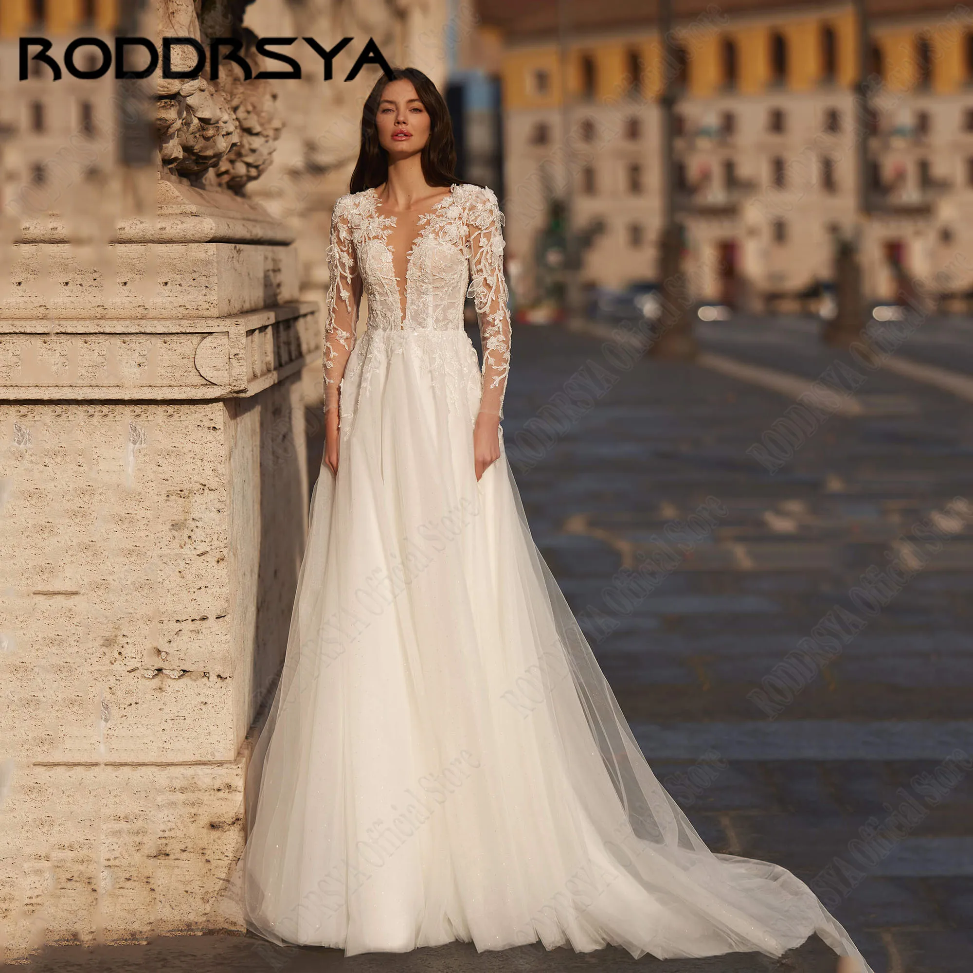 

RODDRSYA Luxury Glitter Wedding Dress 2025 Long Sleeve Backless Beading Applique Bride Gowns Scoop vestido de novia Customized