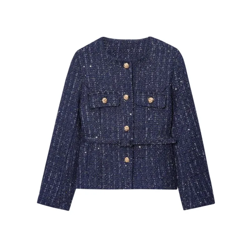 

TRAF Short Jacket With Belt Women Casual Button Pocket O Neck Women's Coat Long Sleeve Street Joker Youth Female Outerwear