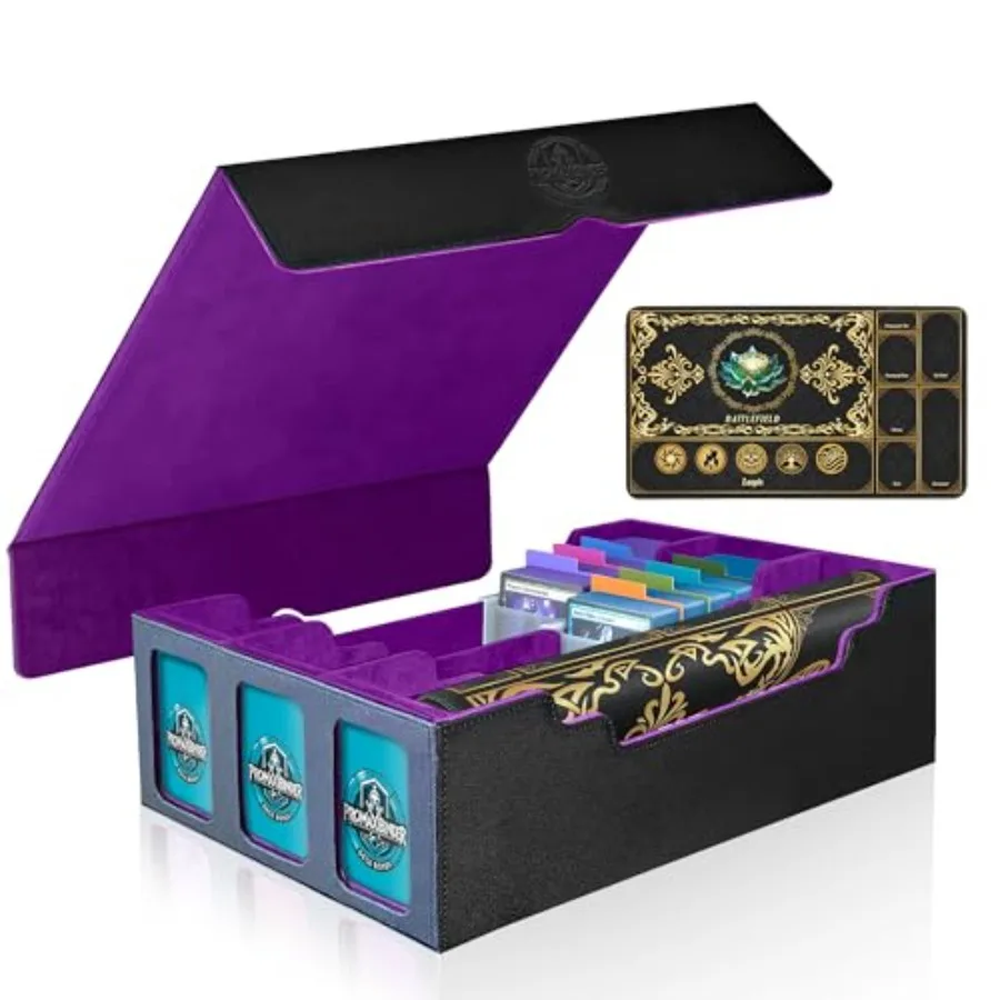 

MTG Trading Card Storage Box with Playmat Fits 3000+ Cards, 3-Row Commander Deck Case, 3 Display Windows, 6 Movable Partitions,