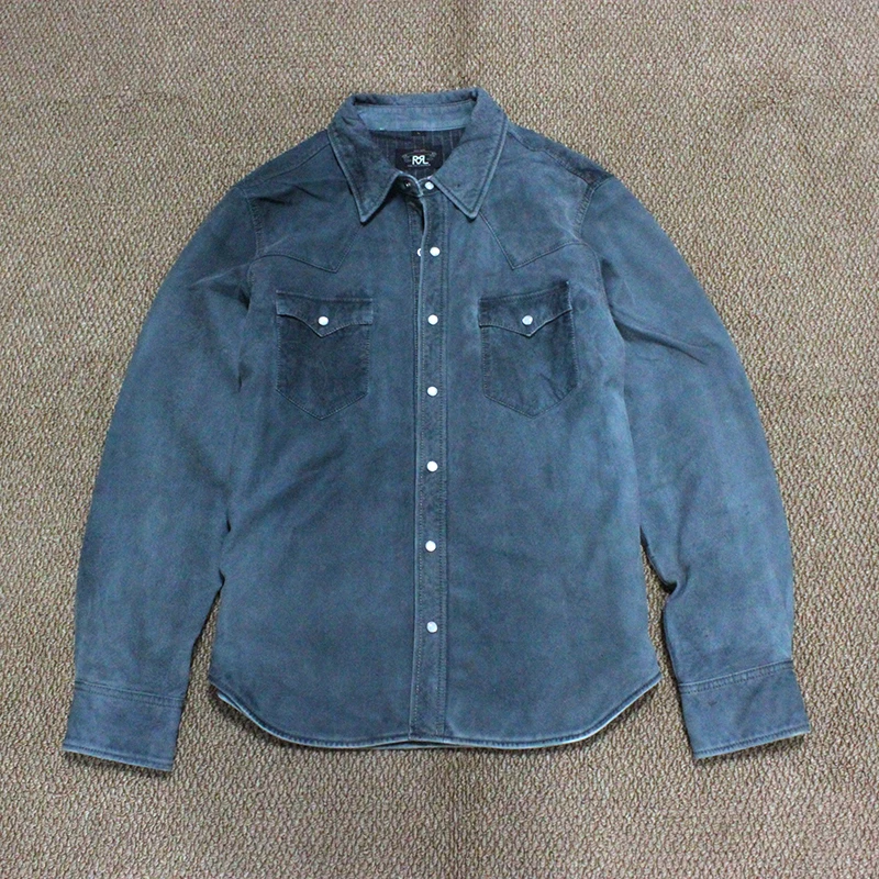 

Special offer Spring and autumn blue men's sheepskin jacket, soft lapel long-sleeved genuine leather shirt