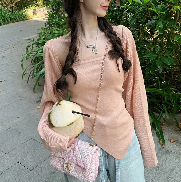 7053 캐시미어 퓨어 디자이어 투피스 세트 ~ 가을 겨울 신상 홍콩 스타일 불규칙한 밴드 튜브탑 + 숄 여성용