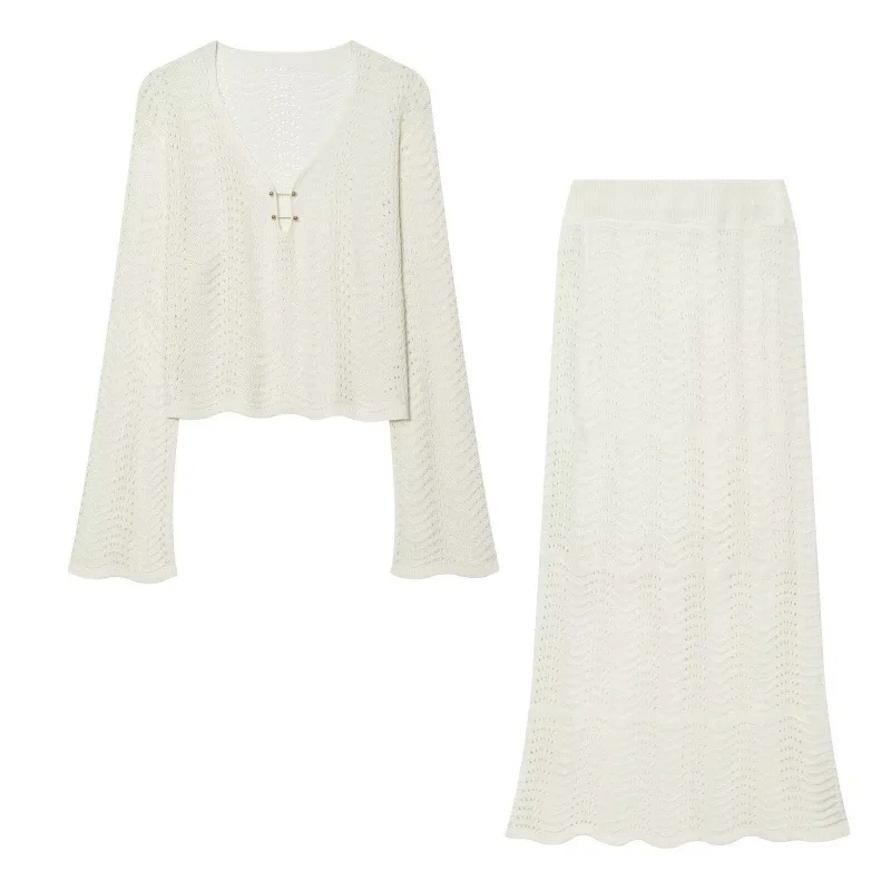 Withered Women's 2026 Summer New Product Fashionable Hollow Out Unique V-neck Long Sleeved Knitted Shirt Elastic Waist Skirt