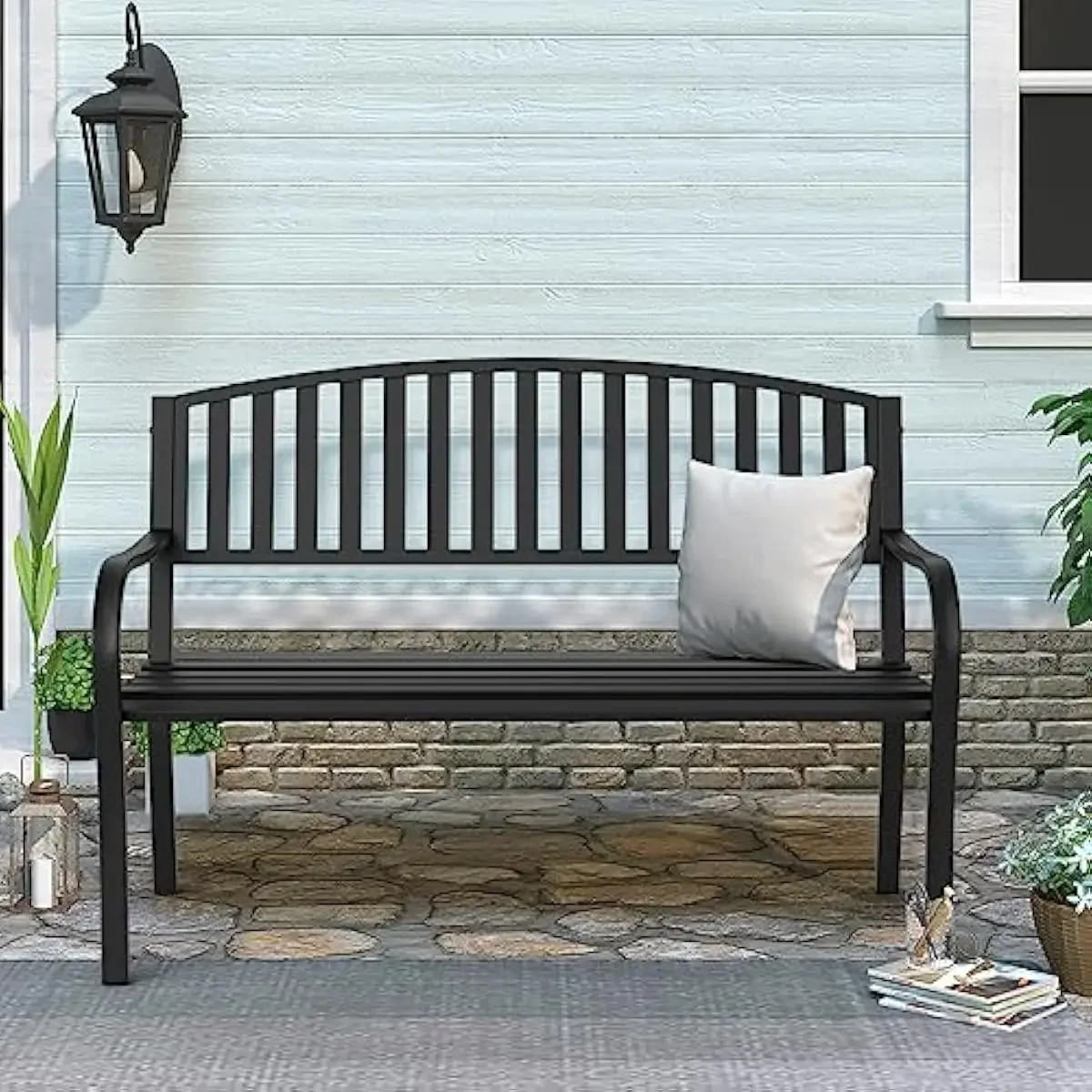 Outdoor Metal Bench for Garden Patio Porch Park | Heavy-Duty Wrought Iron Construction | Weather-Resistant Black Finish | 50 Inc
