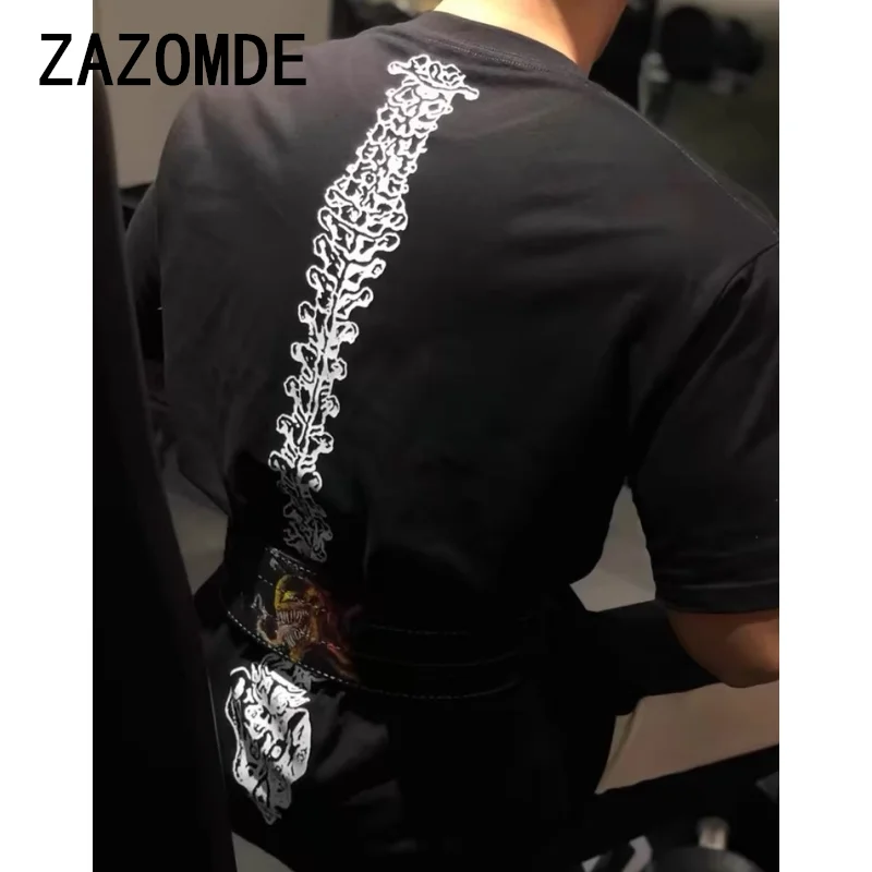 ZAZOMDE 260GSM Cotton T Shirt Men Vintage Classic Tees North America Backbone Print Hip Hop Street 100%Cotton Oversized Tops