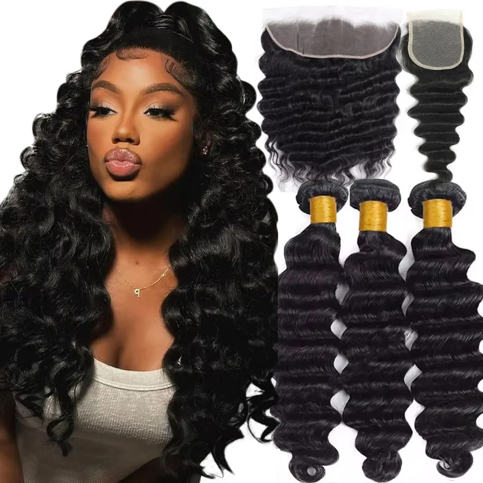 Wholesale Loose Deep Wave Human Hair Bundles With Closure 4x4 13x4 Frontal & Closure and Bundles 100% Virgin Human Hair 