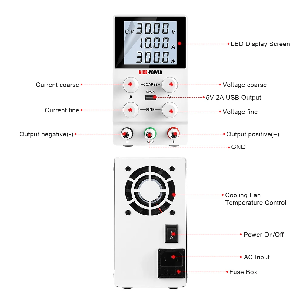 LCD Digits DC Power Supply Variable, 30V 5A Lab Bench Power Supply,30V 10A Adjustable Switching Regulated High Precision 4-Digit