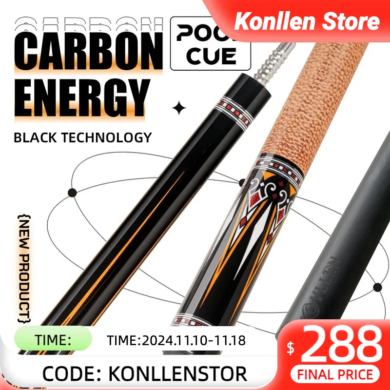 KONLLEN Carbon Fiber Pool Cue Stick 12.5mm Tip 3*8/8 Joint Pin Billiard Professional Taper Leather Grip Billar Kit with Case