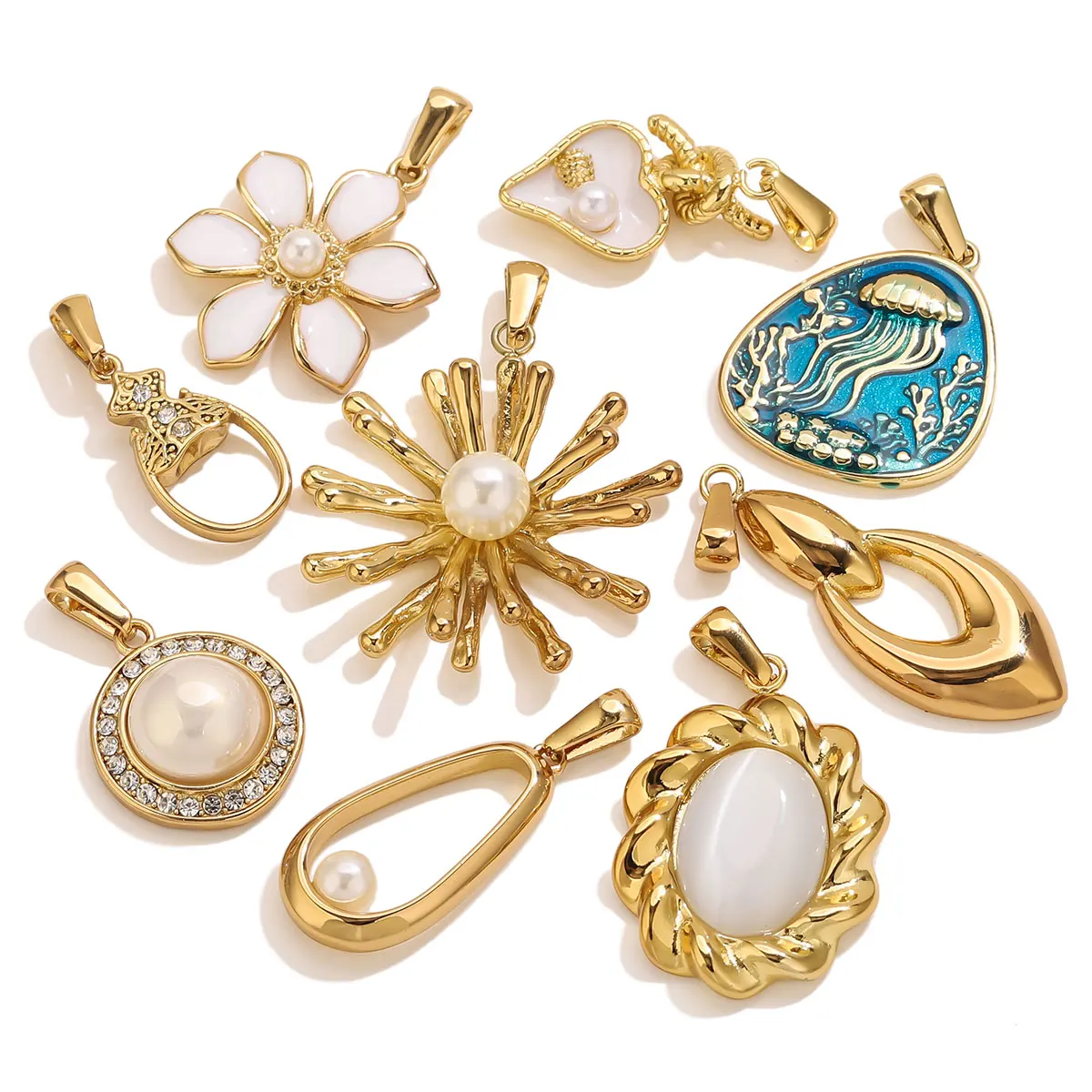 1Pcs 18K Gold Plated Stainless Steel Flower Charms Vintage Heart Mixed Pearl Pendants For DIY Necklace Jewelry Accessories Gift