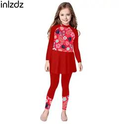 2Pcs Kids Girls Print Swimsuit Long Sleeve Swim Dress and Swim Pants Set Swimwear Pool Beach Bathing Suit Rash Guard Set