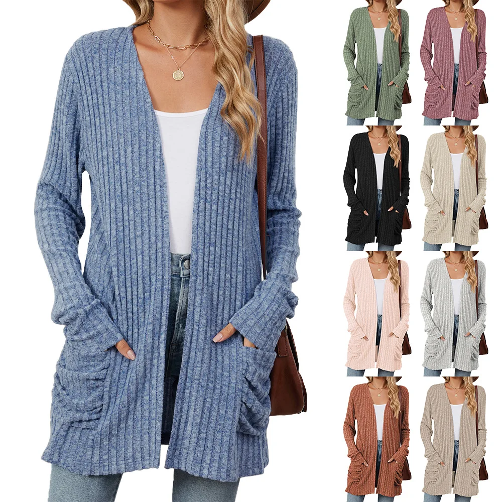 European and American Coats 2025 autumn and winter new solid color pocket long sleeved base cardigan knitted sweater Jackets
