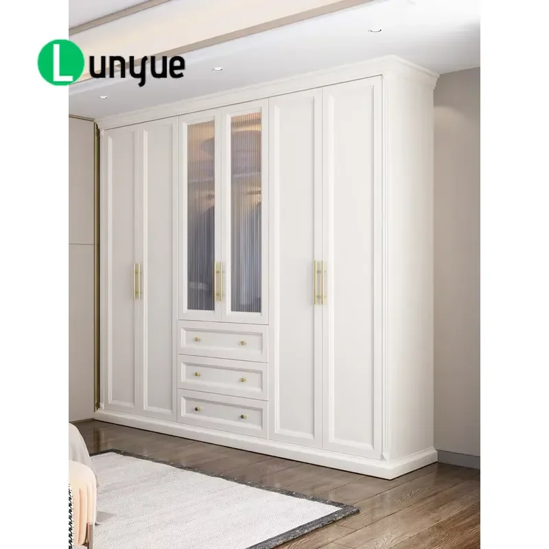 Light Luxury Solid Wood Wardrobe Modern Simple White Glass Sliding Door Bedroom Locker Customizable High Quality Storage