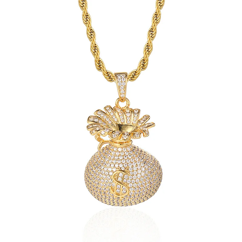 

Hip Hop AAA CZ Stone Pave Bling Iced Out Can Open Dollars Money Bag Pendants Necklaces for Men Rapper Jewelry