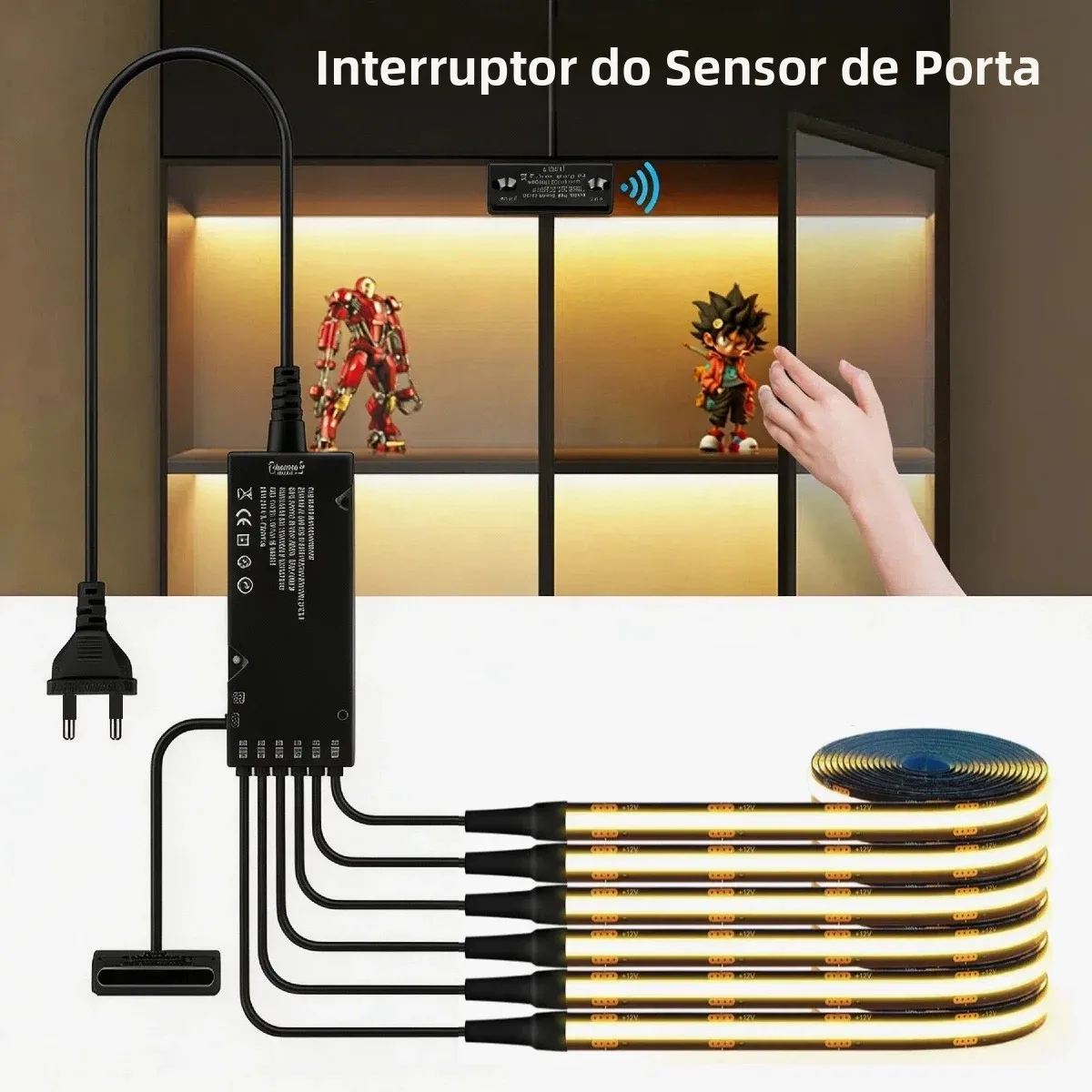 1-10PCS Fitas LED COB Pretas 12V com Sensor Inteligente de Porta Dupla e Interruptor, Conjunto de Luzes para Armário de Cozinha e Guarda-Roupa