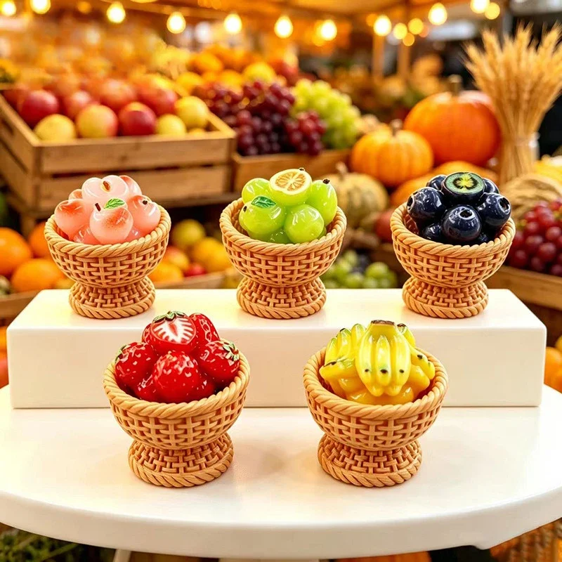 100pcs Kawaii Simulation Fruit Banana Strawberry Basket Series Resin Cabochon DIY Pendants Keychain Decor Dollhouse Accessories