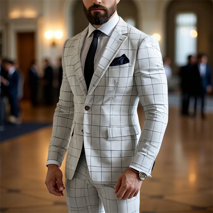

Plaid Gentlemen Men's Suits for Business Party 2 Pieces Wedding Tuxedo Groom Slim Fit Set Jacket with Pants Formal Check Suit