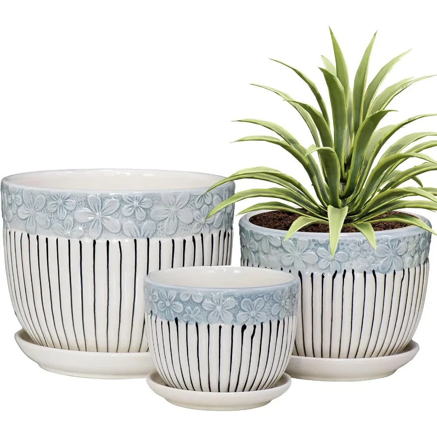 

Grey Flower PotsTexture Planter for Indoor Plants Set of 3 Ceramic Flower Pots with Saucer Cute Garden Pots Succulent Pots3 Pac