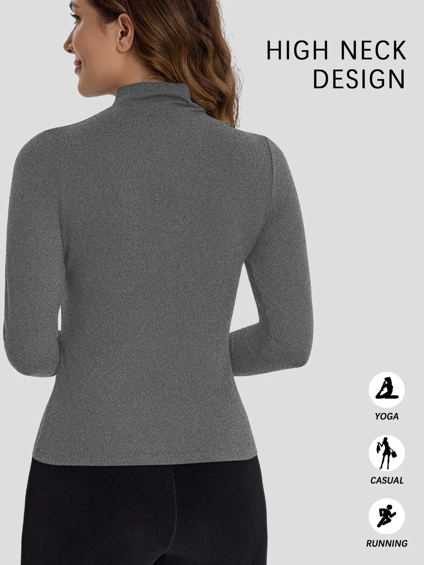 Top da yoga da corsa per allenamento da donna, maglietta a maniche lunghe con collo alto, abbigliamento casual in tinta unita super morbido ed elastico