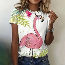 2024 Summer Women 3D Pink Flamingo Print T-Shirt Fashion Trend Tops Tees Ladies Casual Stylish Short Sleeve Clothing Streetwear