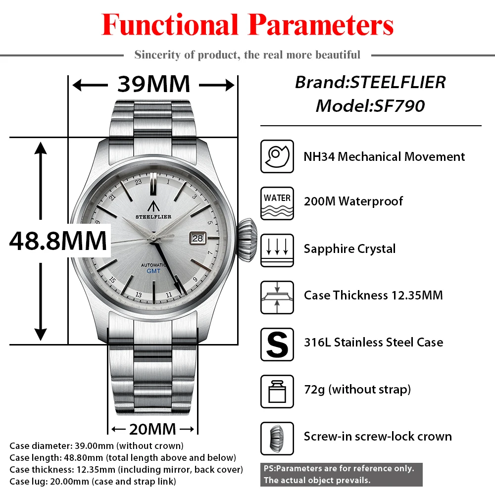 STEELFLIER oficial SF790 GMT reloj mecánico 4 punteros espejo de zafiro NH34 movimiento moda 200M impermeable reloj de pulsera de lujo