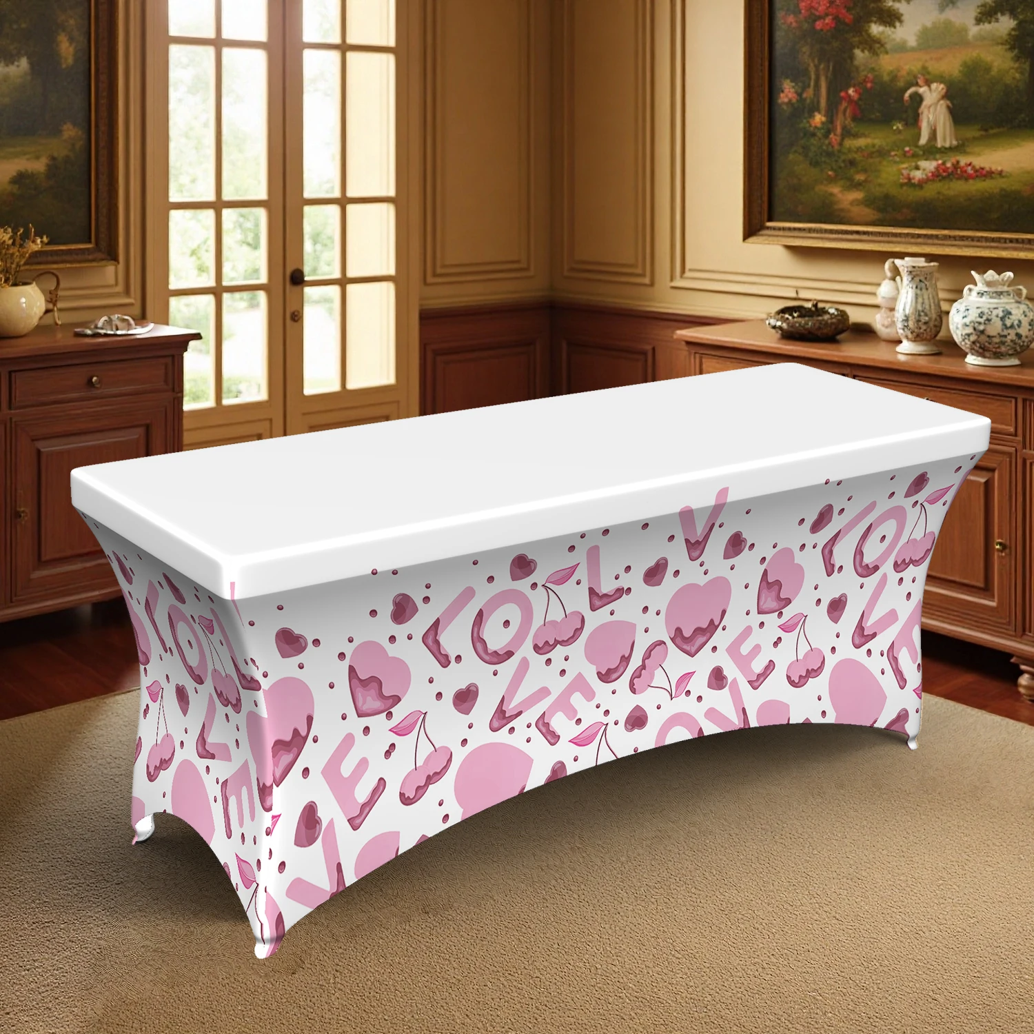 1PC Summer Outdoor Elastic Tablecloth, 4/6/8FT Rectangle with Pink Heart & Letter Digital Print, Stretch Fab