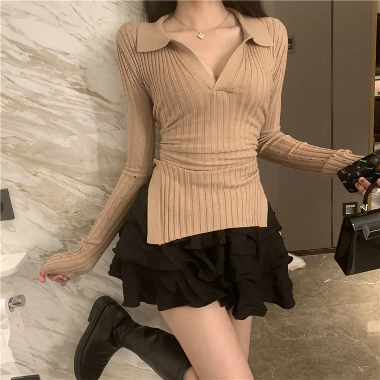 6214 Spring New Pure Desire Sexy Turn-Down Collar Split Ribbed Slim Fit V-Neck Knitted Sweater