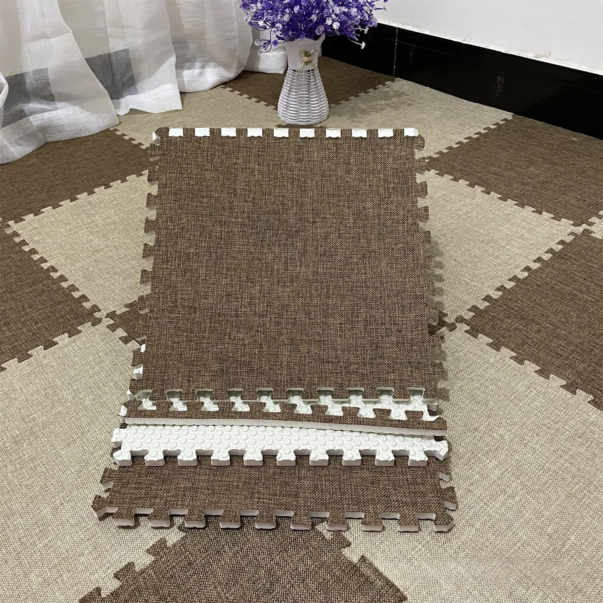 

1 PCS Summer Cotton and Linen Carpet Bedroom, Bedside Mat, Foam Splicing Floor Mat, Living Room, Can Be Cut Fabric Floor Mat