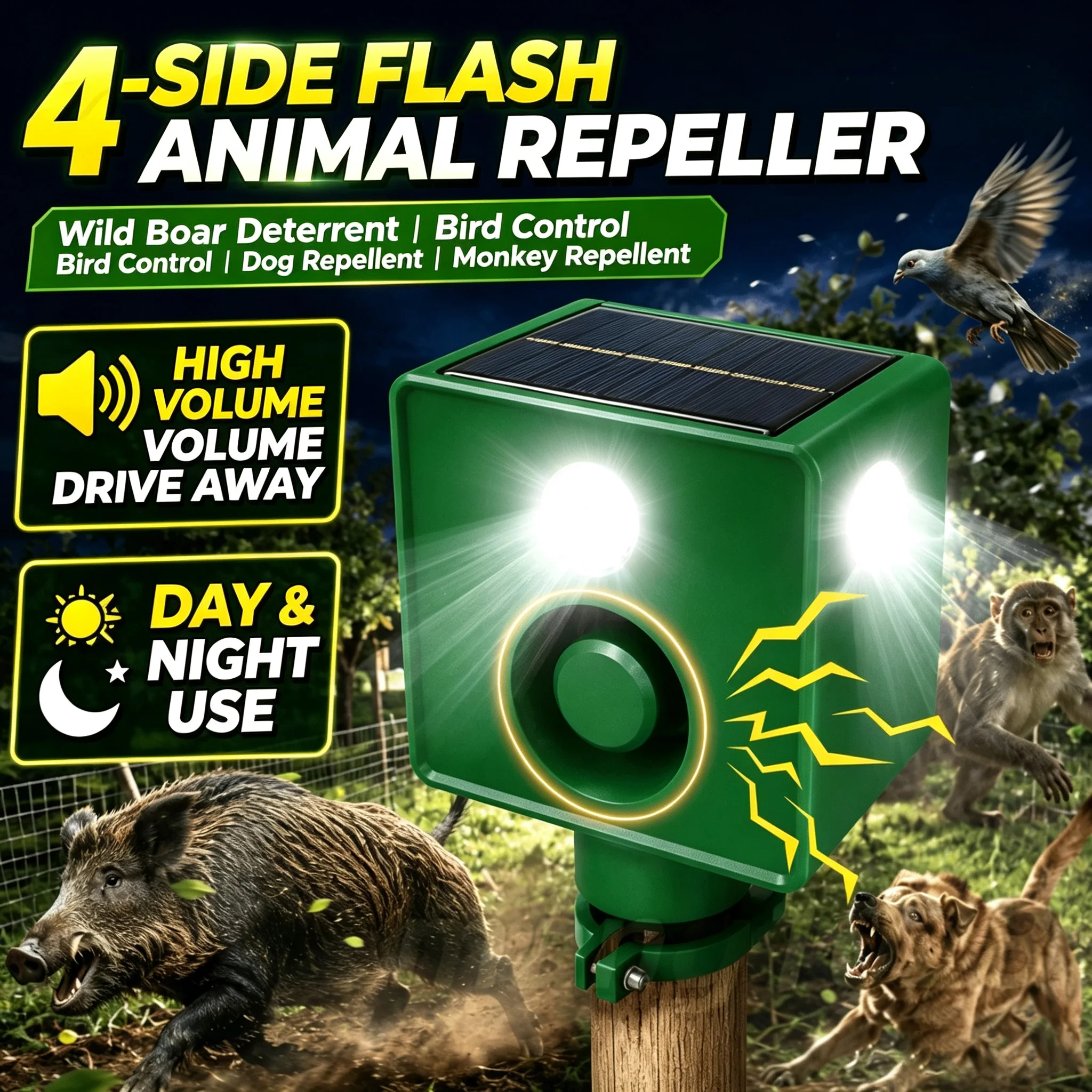 Solar powered animal repeller with an ultra loud alarm  suitable for outdoor farms to deter birds deer pigs  and coyotes