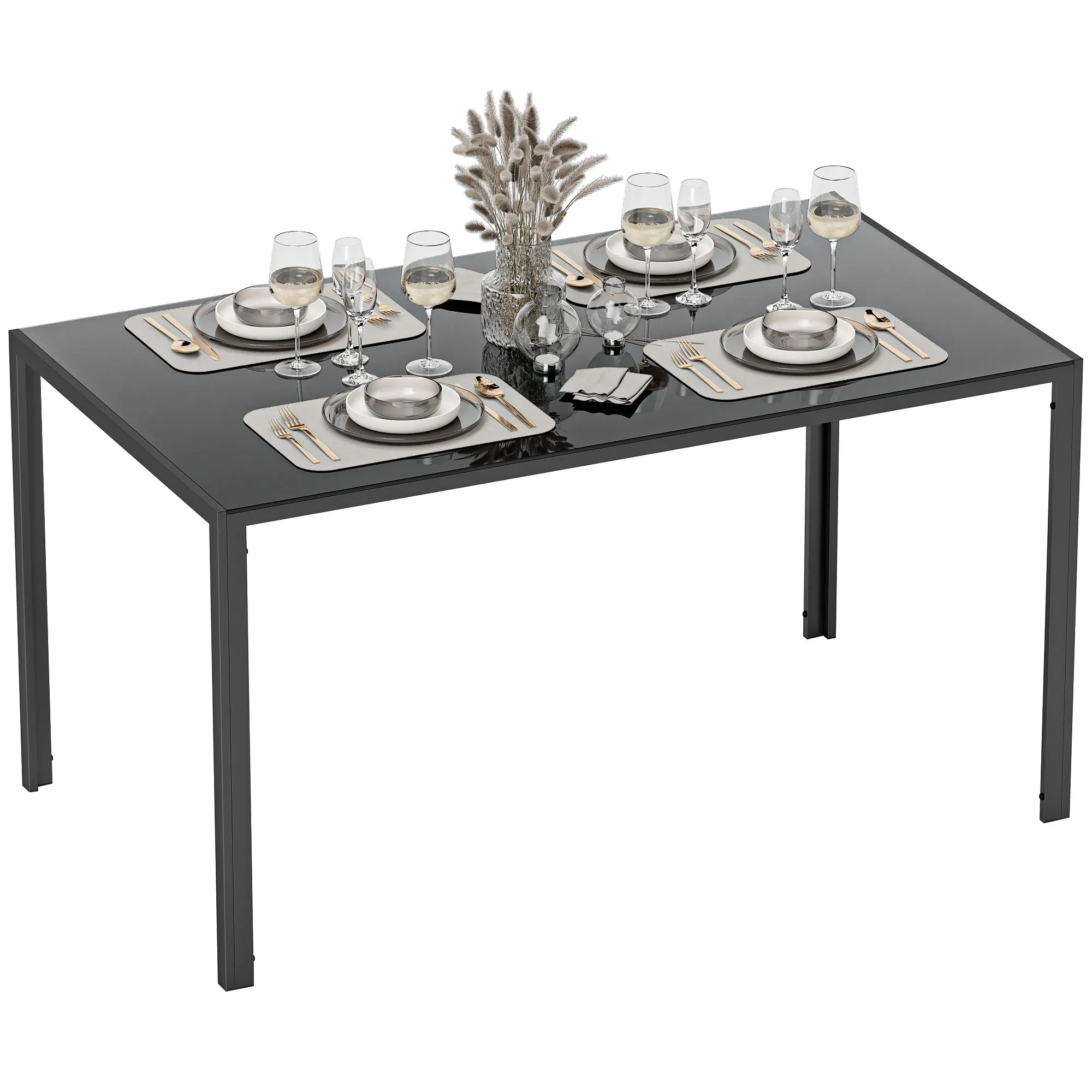 HOMCOM Mesa de Comedor de Cristal, Mesa Rectangular para 6 Personas con Patas de Metal, para Cocina, Salón, 140x80x75 cm, Negro