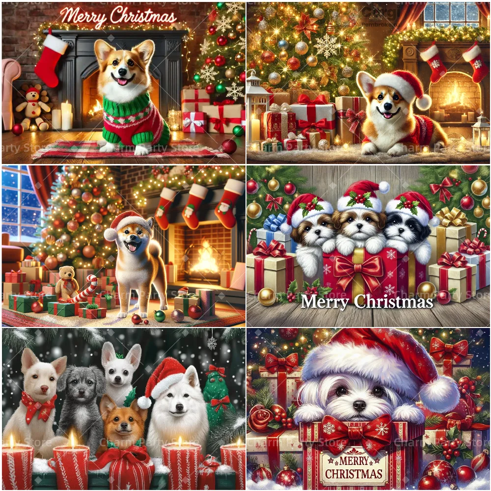 

Merry Christmas Pet Backdrops with Christmas Tree Family Party Decoration Cat Dogs Theme New Year Xmas Eve Photography Prop Gift