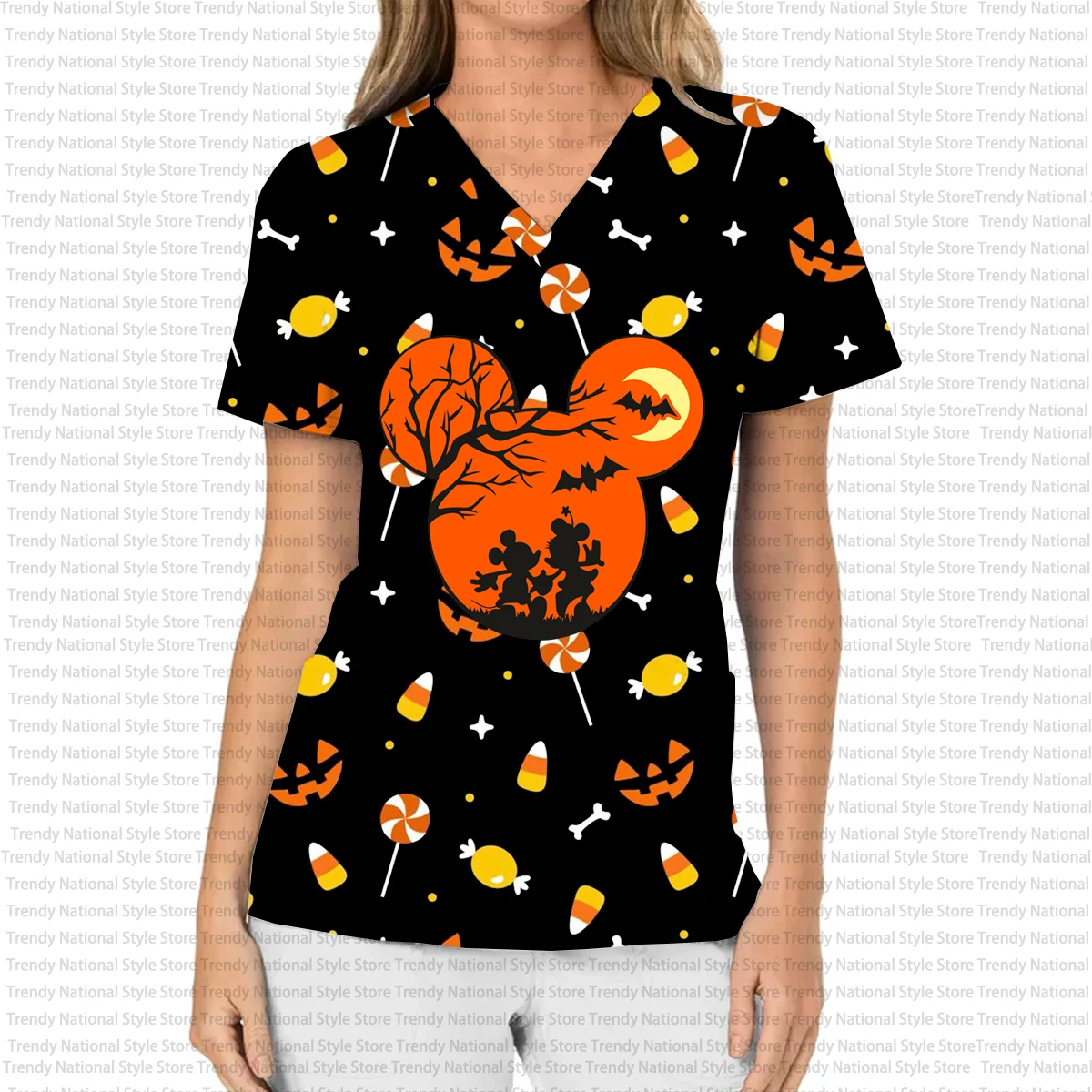 Women's Work Uniform Halloween Disney Mickey and Minnie Print V-Neck Pocket Women's Work Uniform Snoopy Women's T-shirt