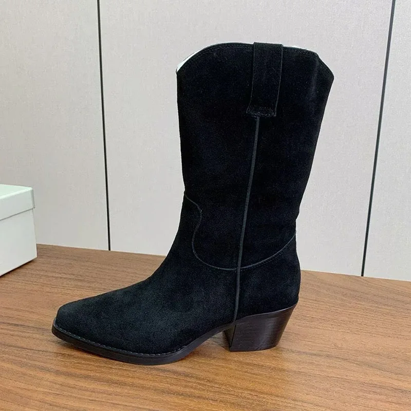 Mid Calf Boots Chunky High Heels Shoes Women Suede Pointed Toe Short Boots British Style Autumn Winter Chelsea Boots Botas Mujer