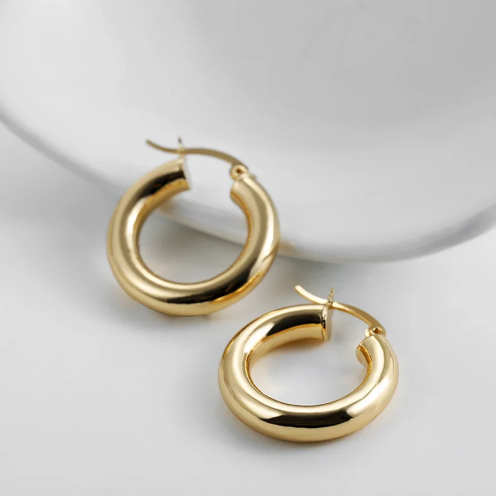 Smooth Round Chunky Hoop Earrings for Women Girls Gold Plated Wide Thick Geometric Metal Statement Earrings Vintage Jewelry Gift