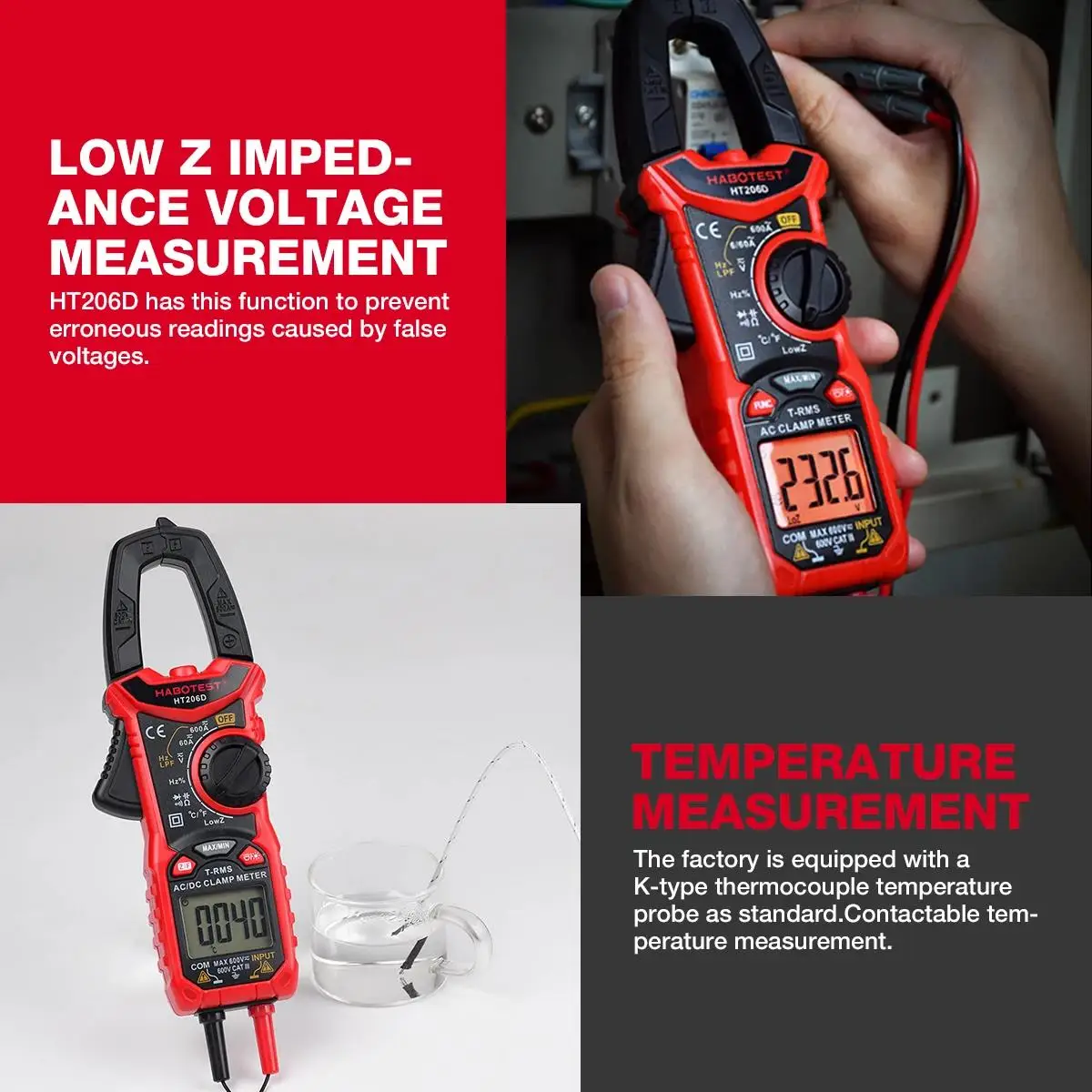 HABOTEST HT206A/HT206B/HT206D 디지털 클램프 미터 DC/AC 전류 600A 멀티미터 전류계 전압 테스터 자동차 앰프 Hz 커패시턴스 썸네일 5