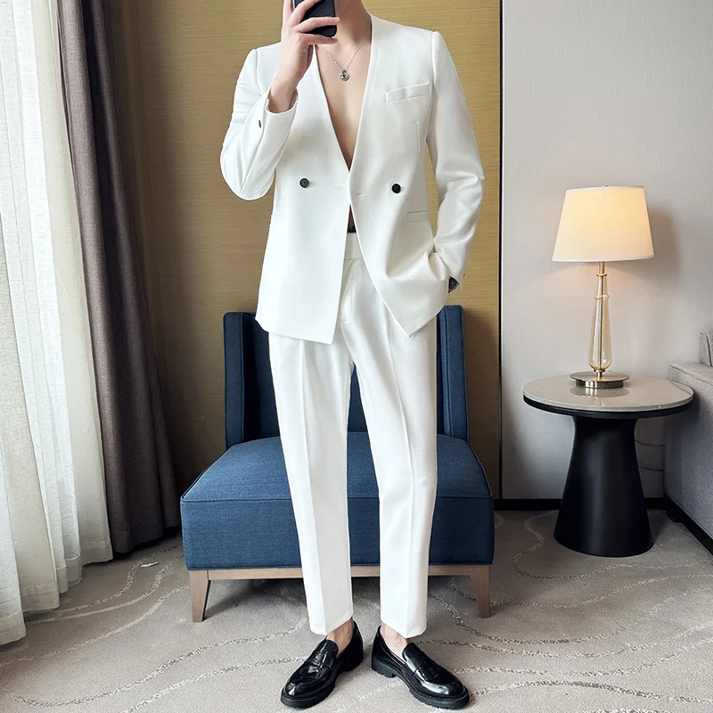 

2024 Sexy Collarless Suit for Men Thin Style 2 Pieces Set (jacket+pants) V-neck Casual Business Suit Groom's Wedding Dress Suit